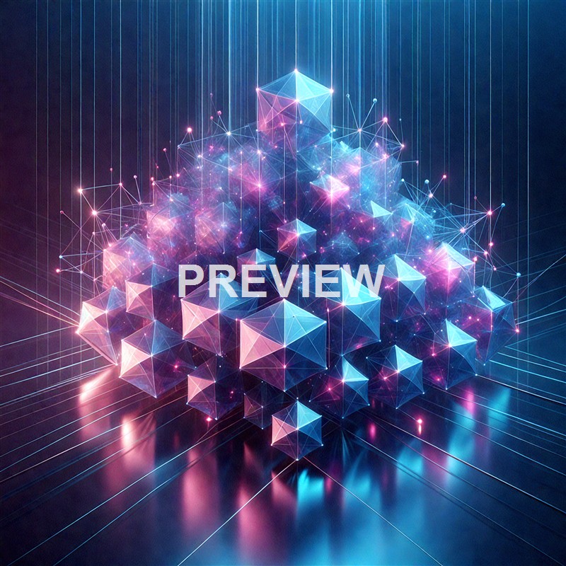 The image features a digital, futuristic representation of interconnected glowing cubes and geometric shapes in bright blue, pink, and purple hues, surrounded by a network of lines and points against a dark background.